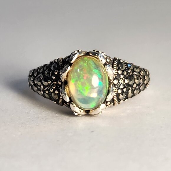 Estate Jewelry - VTG 4.31g 925 Natural Ethiopian Welo Fire Opal W/ Marcasite Ring Sz 6